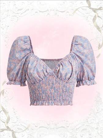 بلوزة بطباعة أزهار اقحوان اكمام منتفخة قصير بغرز