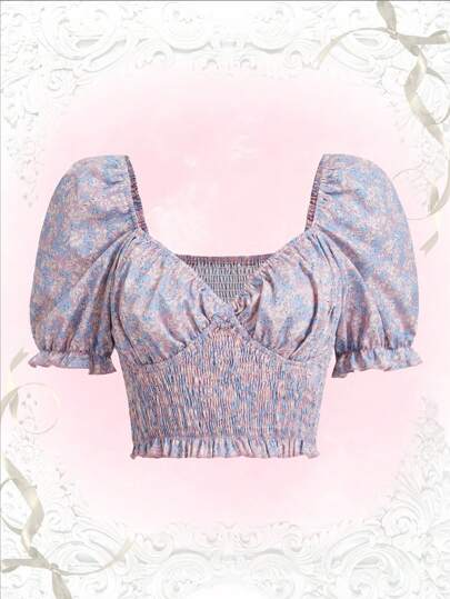 Ditsy Floral Print Puff Sleeve Crop Shirred Blouse