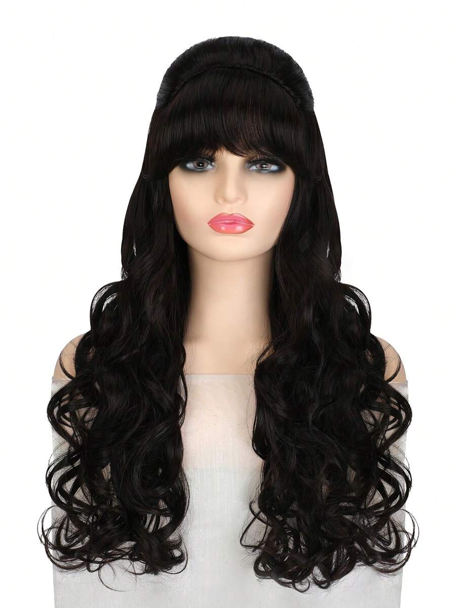Peluca sintética largo ondulado con tupe - Negro - Ver 1