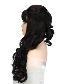Peluca sintética largo ondulado con tupe - Negro - Ver 4