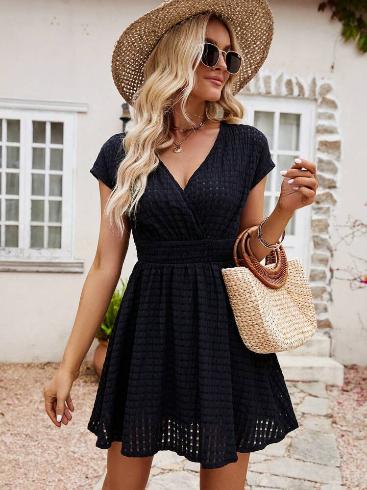 Breezaya Solid Surplice Neck Hollow Out Dress - Black - View 5