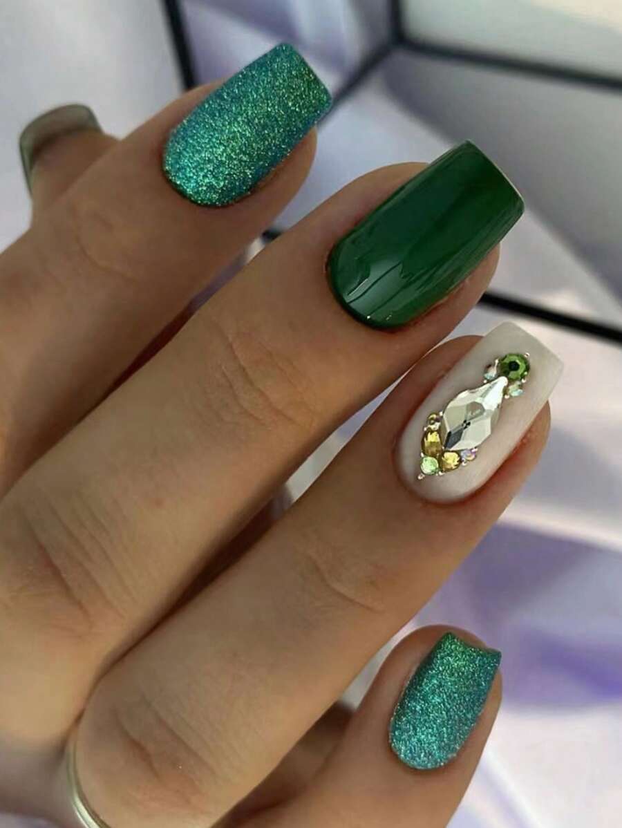 Transform Your Nails with 24pcs Short Square 3D Rhinestone Decor Fake Nail & 1sheet Tape & 1pc Nail File - Multicolor - View 1
