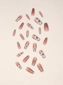 Add A Touch Of Romance With 24pcs Long Coffin Floral Pattern Glitter Fake Nail & 1sheet Tape & 1pc Nail File For Women And Girls Press On Nails Nail Supplies - Multicolor - View 4