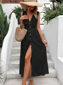 Breezaya Đầm Maxi Không Tay Chữ A Cài Nút Phía Trước Trang Phục Nữ - màu đen - Xem 4