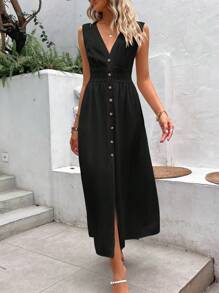 Breezaya Đầm Maxi Không Tay Chữ A Cài Nút Phía Trước Trang Phục Nữ - màu đen - Xem 5