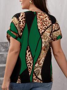 SHEIN LUNE 大碼豹紋和佩斯利印花蝙蝠袖襯衫 - 綠色 - 查看 2