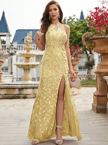 UNITHORSE Split Thigh Sequin Decor Criss Cross Backless Formal Dress - Champagne - View 2