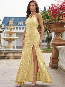 UNITHORSE Split Thigh Sequin Decor Criss Cross Backless Formal Dress - Champagne - View 5