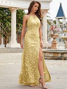 UNITHORSE Split Thigh Sequin Decor Criss Cross Backless Formal Dress - Champagne - View 6