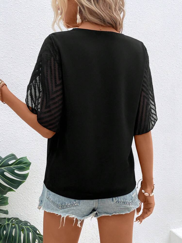 Contrast Mesh Petal Sleeve Button Front Blouse