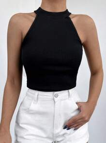 Cottnline Solid Ribbed Knit Halter Top - Black - View 1