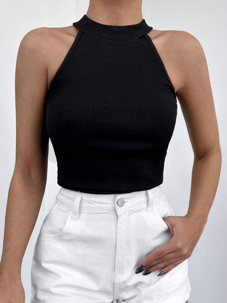 Cottnline Solid Ribbed Knit Halter Top - Black - View 1