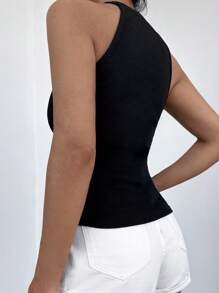 Cottnline Solid Ribbed Knit Halter Top - Black - View 2