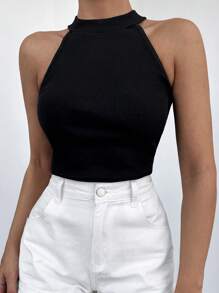 Cottnline Solid Ribbed Knit Halter Top - Black - View 3