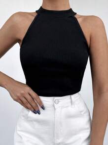 Cottnline Solid Ribbed Knit Halter Top - Black - View 4