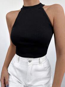 Cottnline Solid Ribbed Knit Halter Top - Black - View 5