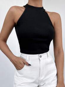 Cottnline Solid Ribbed Knit Halter Top - Black - View 6
