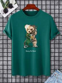 Manfinity Hypemode 男士熊和字母圖案T恤 - 墨綠色 - 查看 1