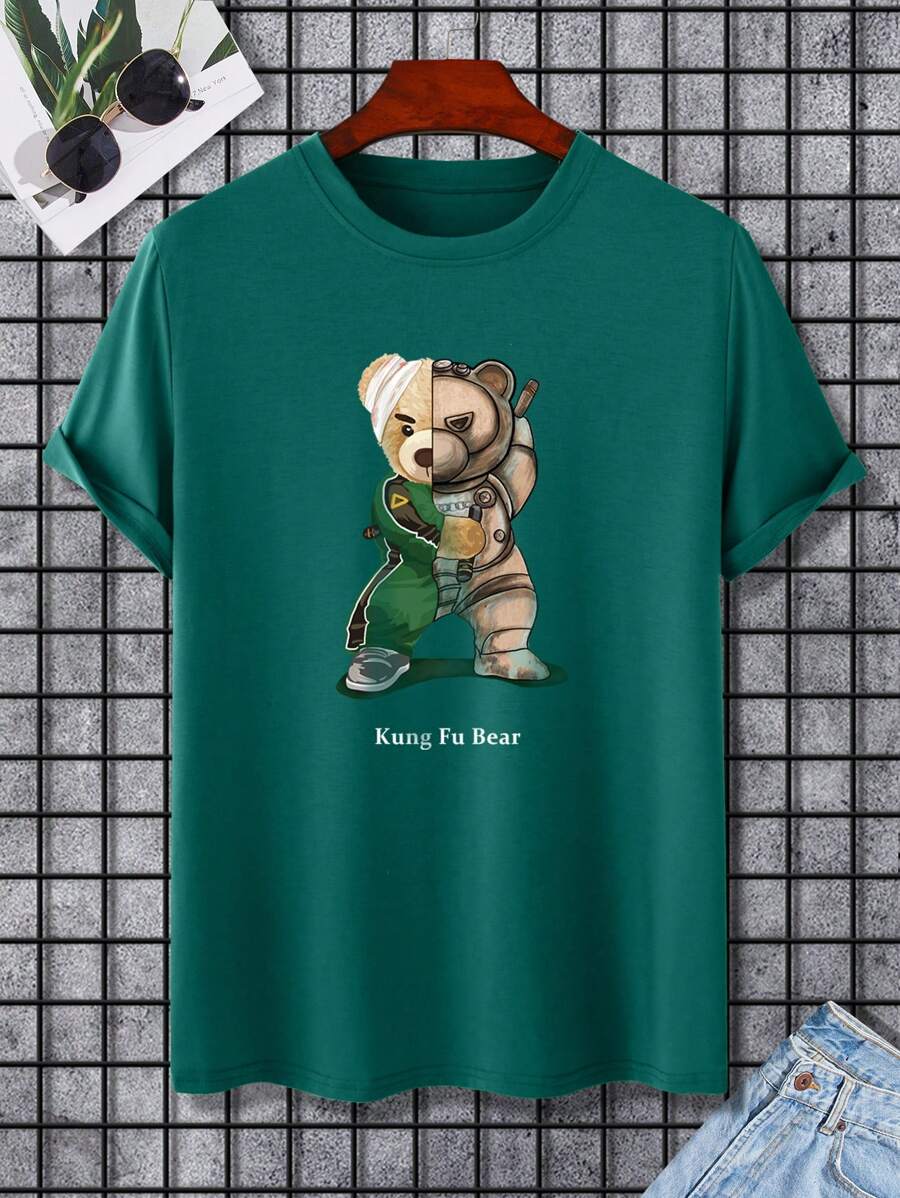 Manfinity Hypemode 男士熊和字母圖案T恤 - 墨綠色 - 查看 1