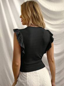 Breezaya Solid Color Round Neck Cap Sleeve Ruffle Hem Fitted Top - Black - View 2