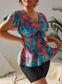 Swim Lushoire Summer Beach Tropical Print Drawstring Front Swim Dress - Red - View 1