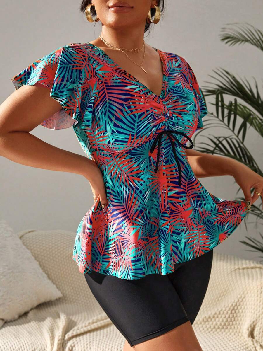 Swim Lushoire Summer Beach Tropical Print Drawstring Front Swim Dress - Red - View 1