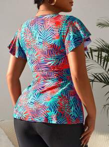 Swim Lushoire Summer Beach Tropical Print Drawstring Front Swim Dress - Red - View 2