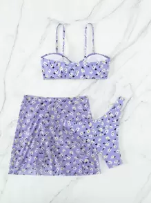 SHEIN Swim Summer Beach Floral Print Drawstring Bikini Set With Beach Skirt - Lilac Purple - View 2