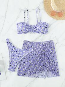 SHEIN Swim Summer Beach Floral Print Drawstring Bikini Set With Beach Skirt - Lilac Purple - View 4