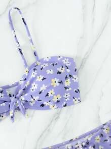 SHEIN Swim Summer Beach Floral Print Drawstring Bikini Set With Beach Skirt - Lilac Purple - View 5