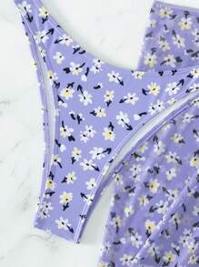 SHEIN Swim Summer Beach Floral Print Drawstring Bikini Set With Beach Skirt - Lilac Purple - View 6