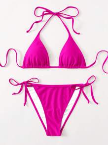 SHEIN Swim Summer Beach Halter Triangle Tie Side Bikini Set - Hot Pink - View 1