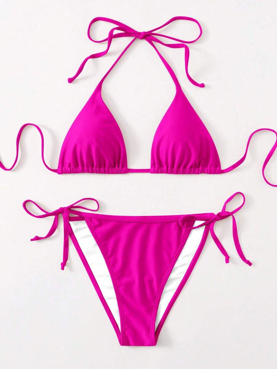 SHEIN Swim Summer Beach Halter Triangle Tie Side Bikini Set - Hot Pink - View 1