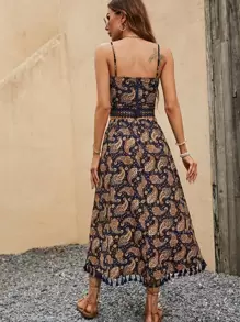 SHEIN VCAY Bộ đồ hai mảnh nữ Tương phản ren Viên lá sen mép Paisley Boho - Nhiều màu - Xem 3