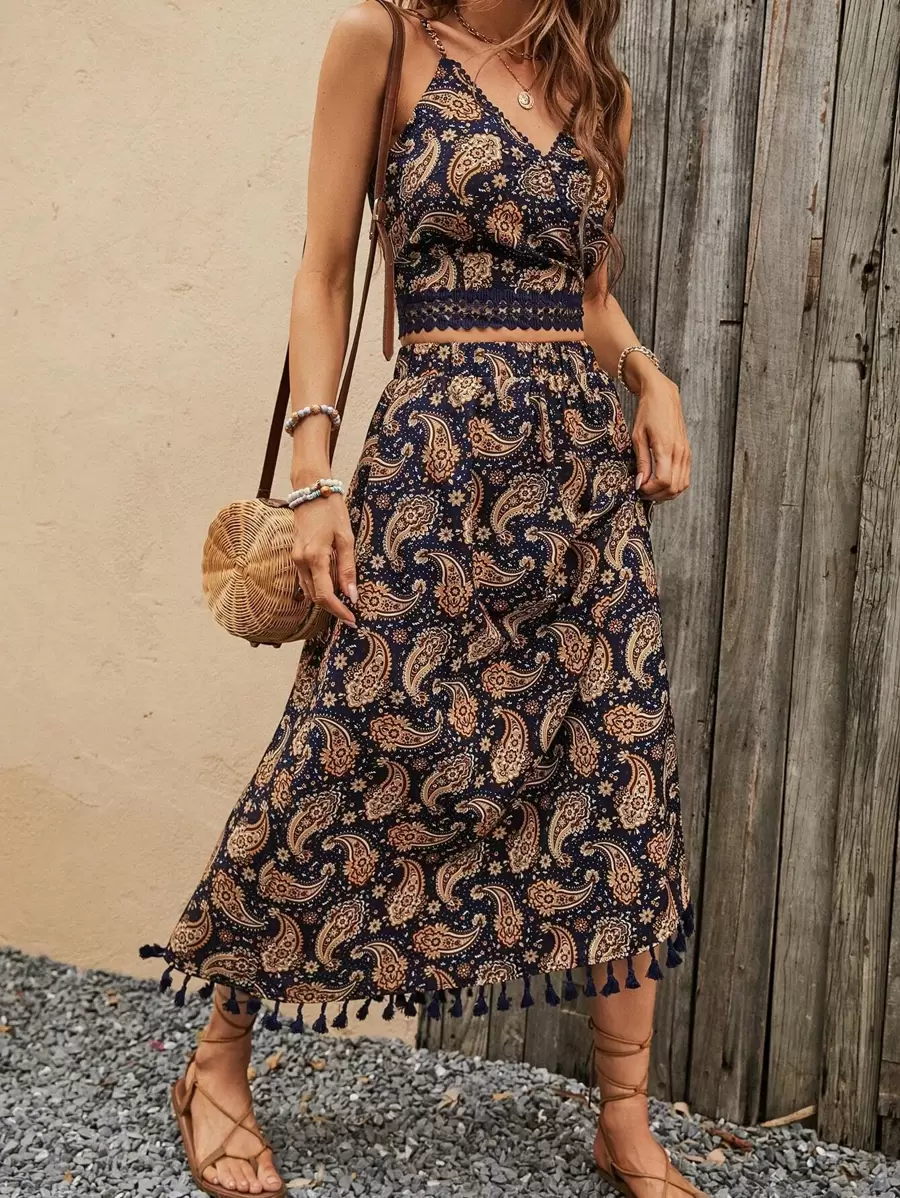 SHEIN VCAY Bộ đồ hai mảnh nữ Tương phản ren Viên lá sen mép Paisley Boho - Nhiều màu - Xem 1