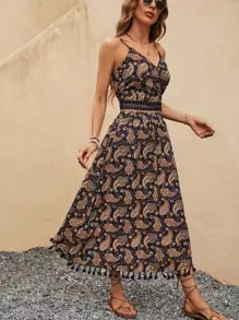 SHEIN VCAY Bộ đồ hai mảnh nữ Tương phản ren Viên lá sen mép Paisley Boho - Nhiều màu - Xem 5