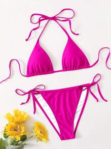SHEIN Swim Summer Beach Halter Triangle Tie Side Bikini Set - Hot Pink - View 5