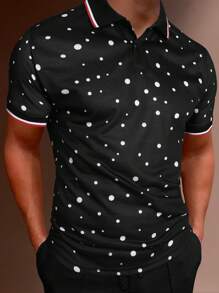 Manfinity Áo thun có cổ Nam Tương phản ràng buộc Nút phía trước Chấm bi Giải trí - màu đen - Xem 5