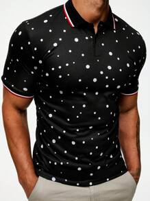 Manfinity Áo thun có cổ Nam Tương phản ràng buộc Nút phía trước Chấm bi Giải trí - màu đen - Xem 7