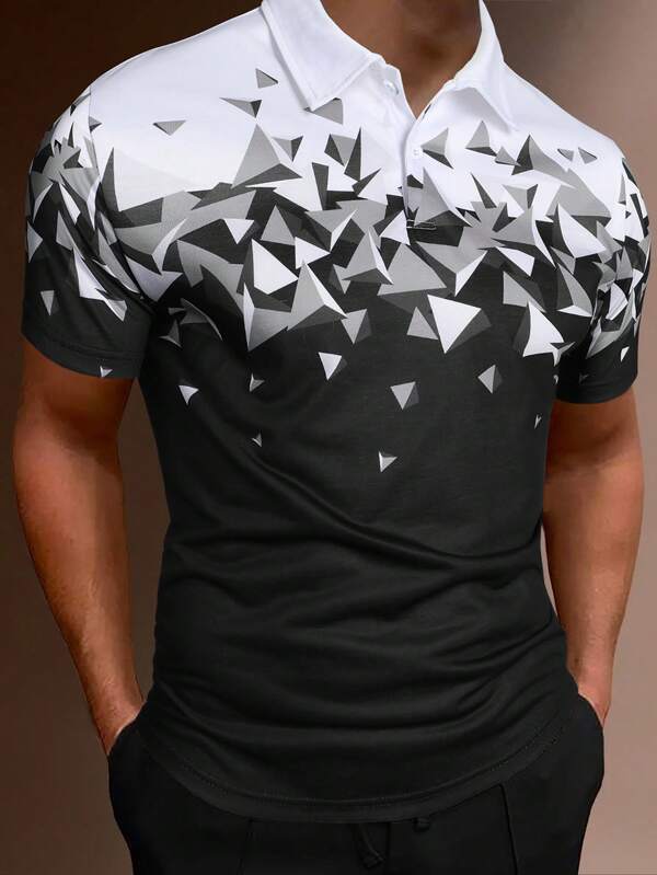Manfinity Homme Men Geo Print Half Button Collar Color Block Going Out Casual Polo Shirt For Husband