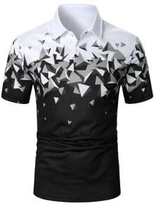 Manfinity Homme Men Geo Print Half Button Collar Color Block Going Out Casual Polo Shirt For Husband