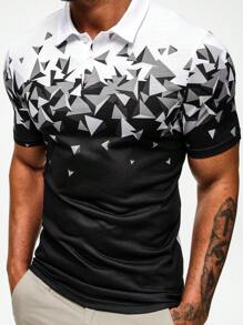 Manfinity Homme Men Geo Print Half Button Collar Color Block Going Out Casual Polo Shirt For Husband