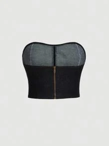 SHEIN MOD Plus Hanky Hem Denim Tube Top - Black - View 2