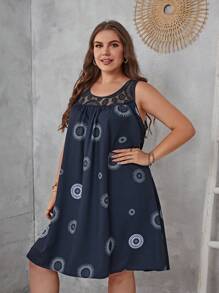 EMERY ROSE 大碼曼陀羅印花蕾絲拼接背心洋裝 - 藏蓝色 - 查看 5