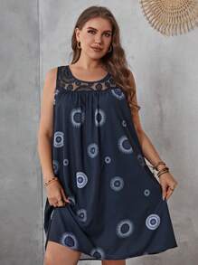 EMERY ROSE 大碼曼陀羅印花蕾絲拼接背心洋裝 - 藏蓝色 - 查看 6