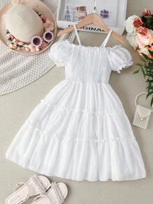 Chicas Vestido de hombros descubiertos con fruncido ribete bajo con fruncido - Blanco - Ver 1