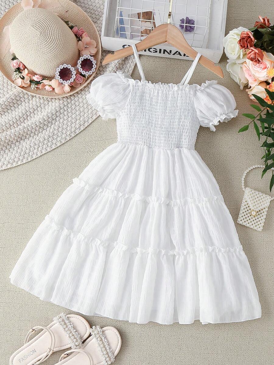 Chicas Vestido de hombros descubiertos con fruncido ribete bajo con fruncido - Blanco - Ver 1