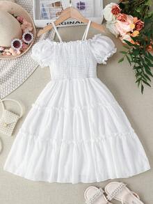 Chicas Vestido de hombros descubiertos con fruncido ribete bajo con fruncido - Blanco - Ver 2
