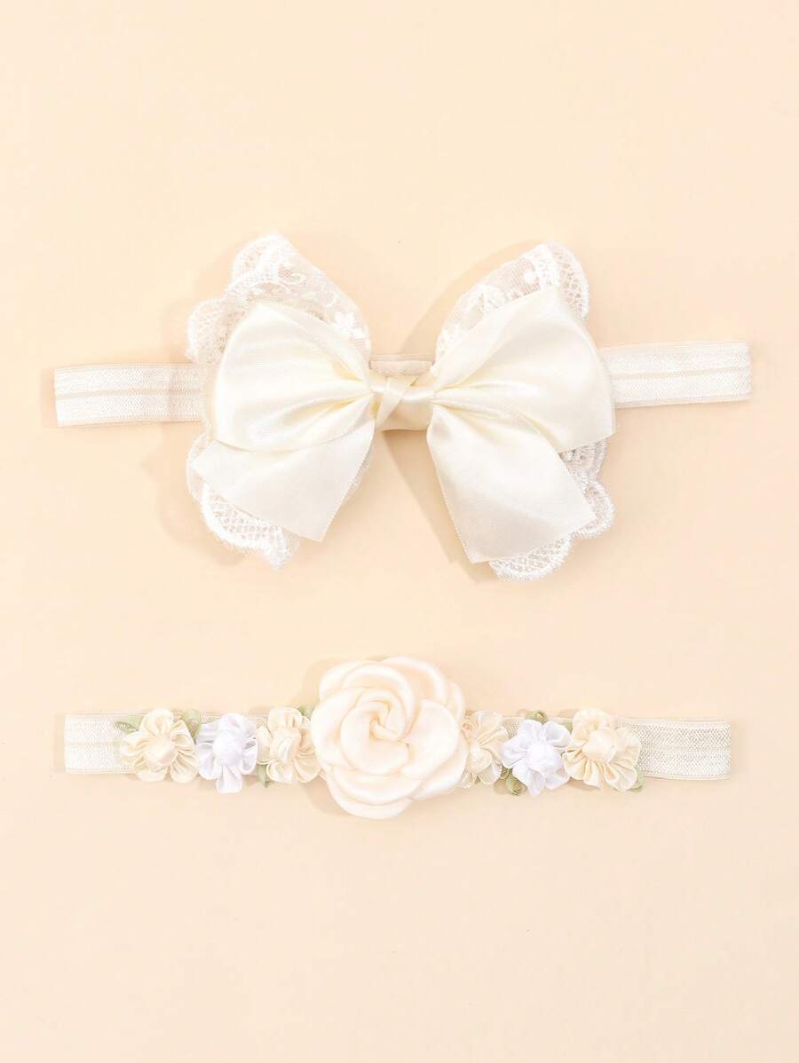 2pcs Baby Bow & Flower Decor Polyester Headband Love Valentine - Beige - View 1