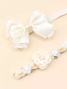 2pcs Baby Bow & Flower Decor Polyester Headband Love Valentine - Beige - View 2
